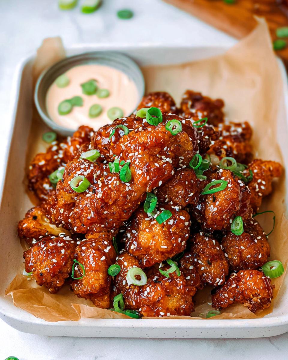 A close-up of Irresistible Sticky Honey Garlic Cauliflower Recipe bites, coated in a glossy sauce and sprinkled with sesame seeds and green onions.