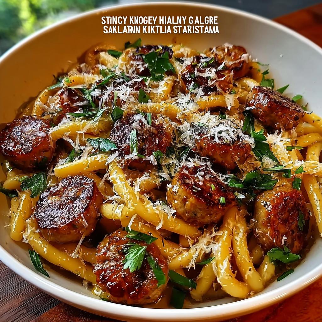 A bowl of Sticky Honey Garlic Sausage Pasta Skillet, topped with grated cheese and fresh parsley.