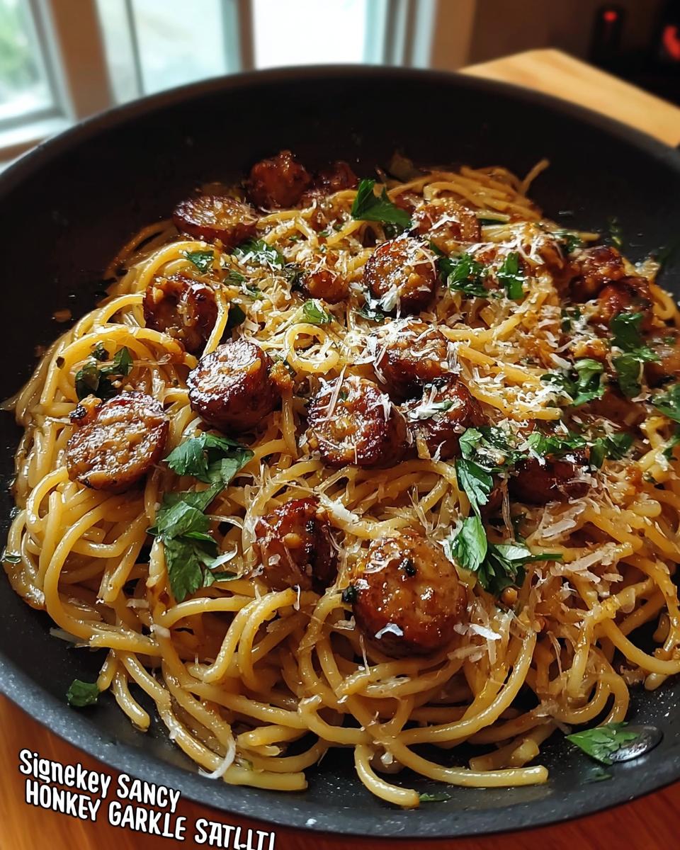 A close-up of a skillet filled with Sticky Honey Garlic Sausage Pasta, topped with grated cheese and parsley.