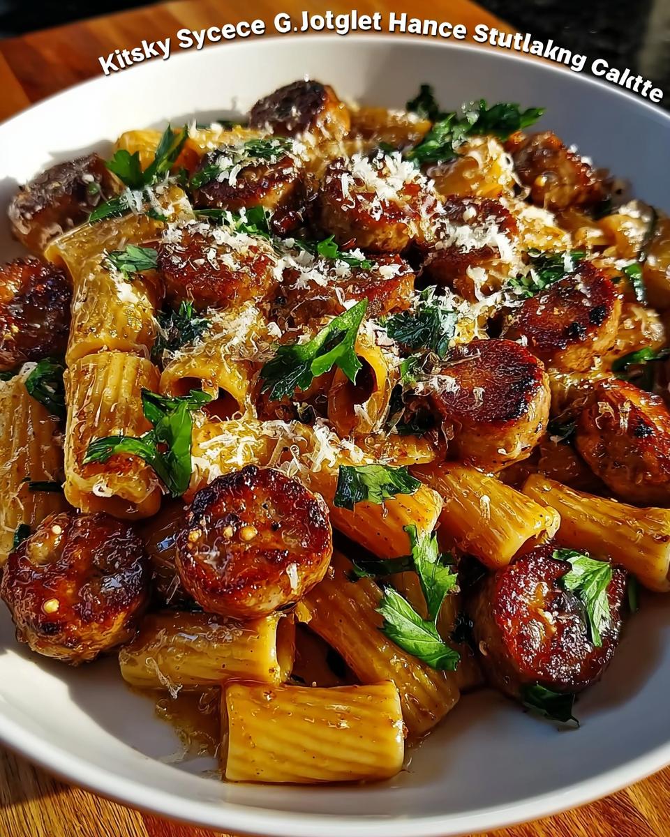 Close-up of a bowl of Sticky Honey Garlic Sausage Pasta Skillet, featuring rigatoni pasta and sliced sausage with fresh parsley and grated cheese.
