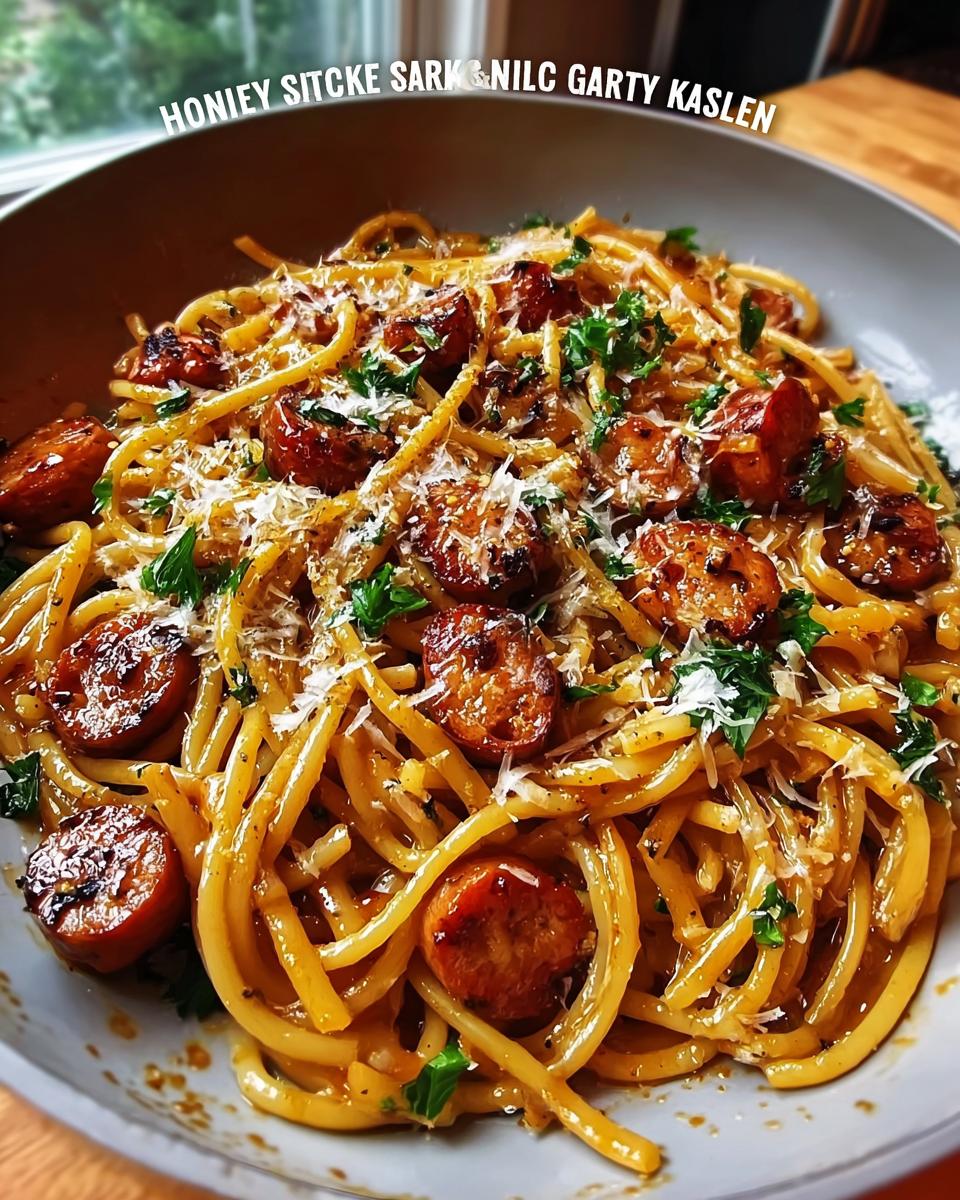 A close-up of a bowl filled with Sticky Honey Garlic Sausage Pasta Skillet, garnished with parsley and cheese.