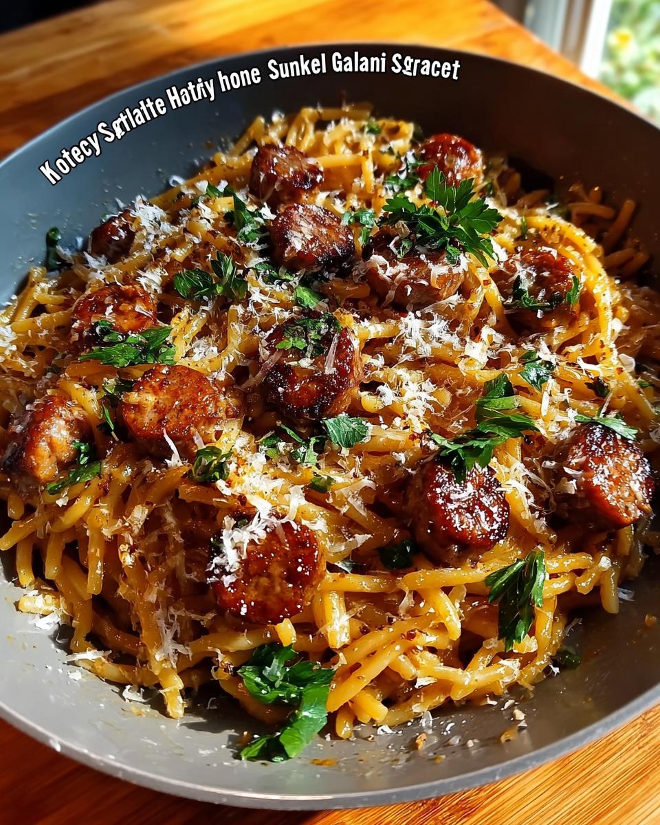 A close-up of a bowl filled with Sticky Honey Garlic Sausage Pasta Skillet, topped with grated cheese and parsley.