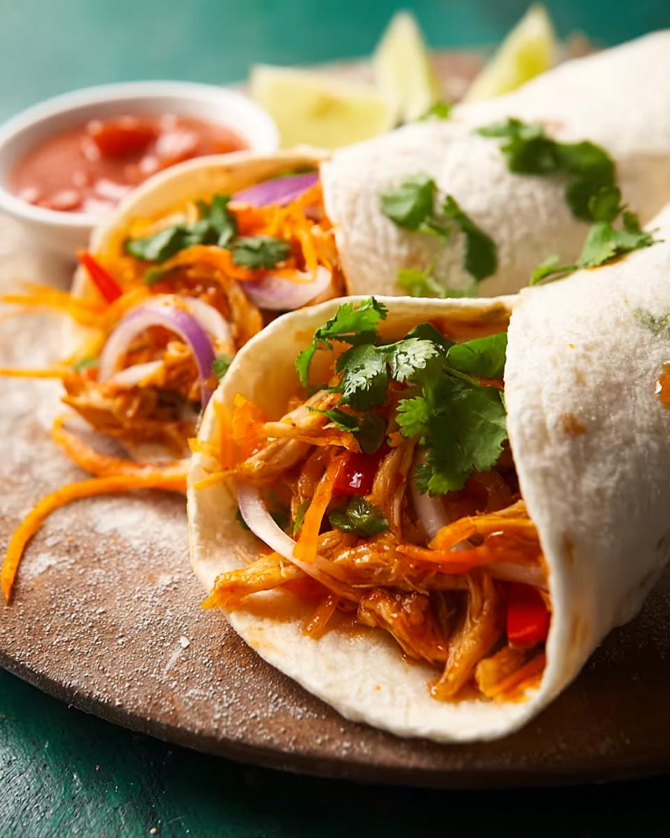 Close-up of three Sweet Chili Chicken Wraps filled with shredded chicken, carrots, red onion, and cilantro.