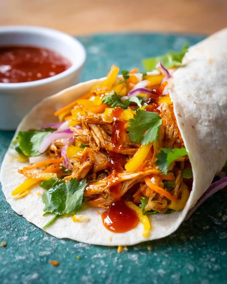 A close-up of a Sweet Chili Chicken Wrap filled with shredded chicken, colorful vegetables, and drizzled with sauce.