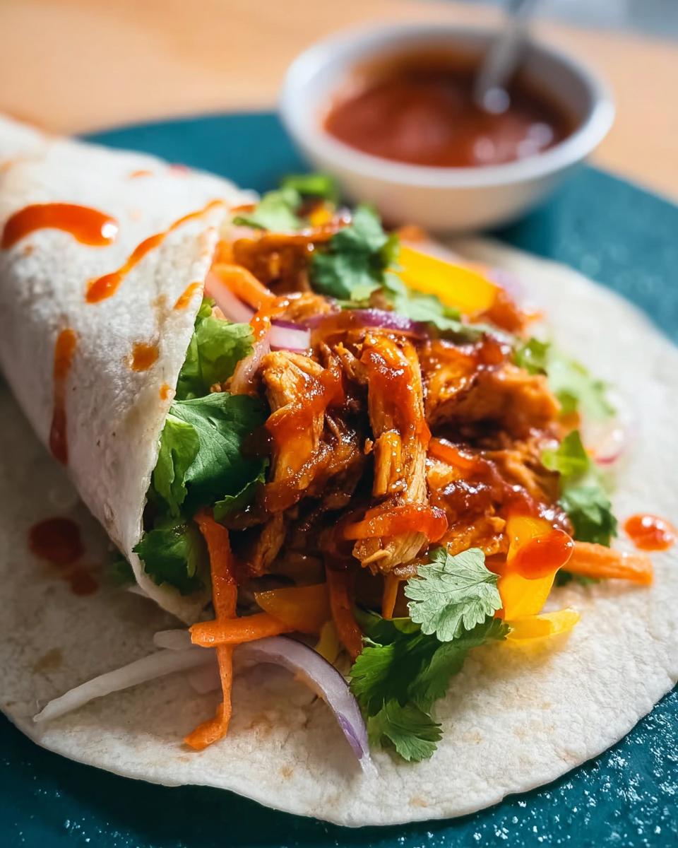 A close-up of a Sweet Chili Chicken Wrap filled with shredded chicken, lettuce, carrots, red onion, and cilantro, drizzled with sauce.