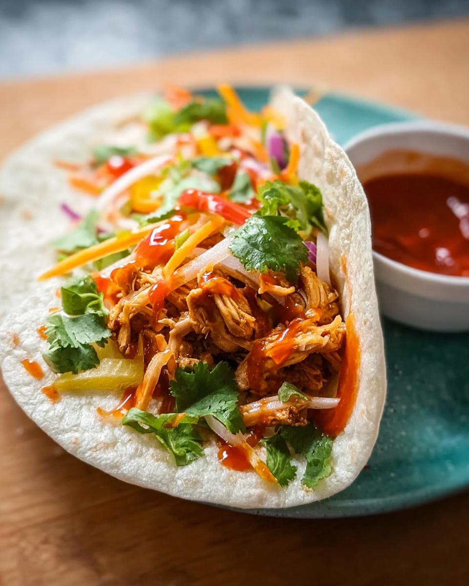 A close-up of a Sweet Chili Chicken Wrap filled with shredded chicken, fresh vegetables, and drizzled with sauce.