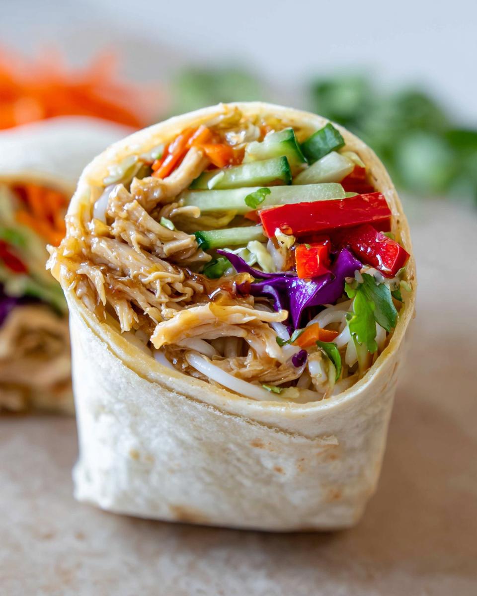 Close-up of a Teriyaki Chicken Wrap filled with shredded chicken, crisp vegetables, and a savory sauce.