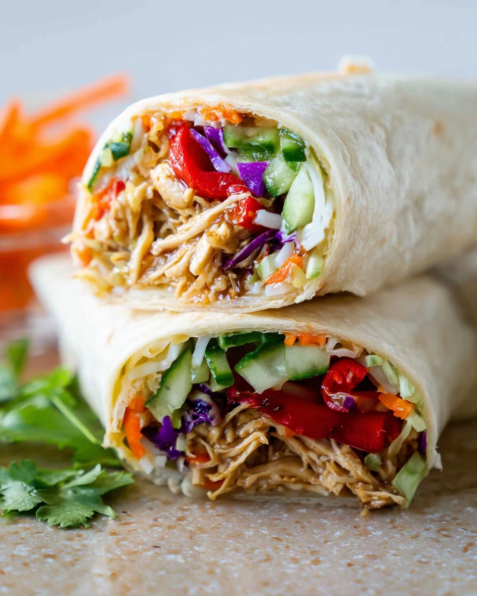 Close-up of a stacked Teriyaki Chicken Wrap filled with shredded chicken, colorful vegetables like red pepper, cucumber, and cabbage.