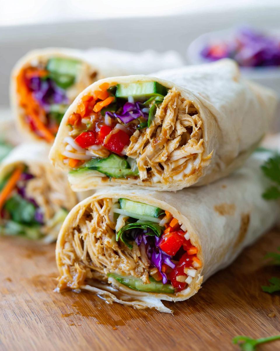 A close-up of a Teriyaki Chicken Wrap filled with shredded chicken, cucumber, carrots, red pepper, and purple cabbage.
