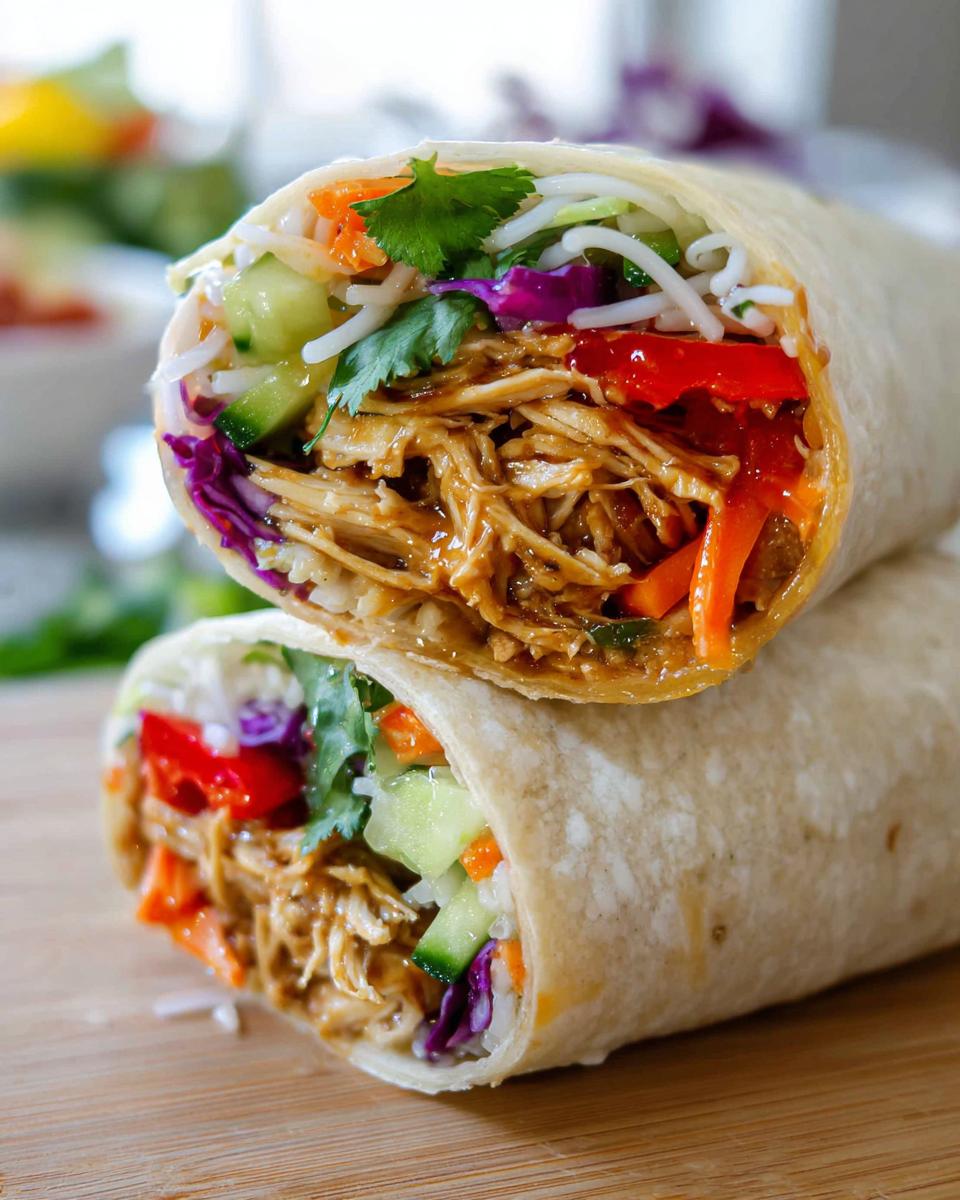 Close-up of a Teriyaki Chicken Wrap cut in half, showing shredded chicken, vegetables, and noodles.