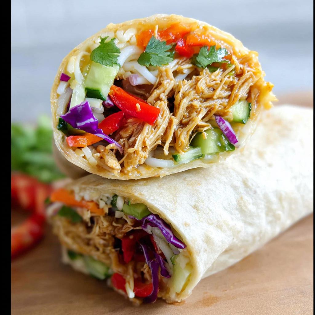 A halved teriyaki chicken wrap filled with shredded chicken, fresh vegetables, and noodles.