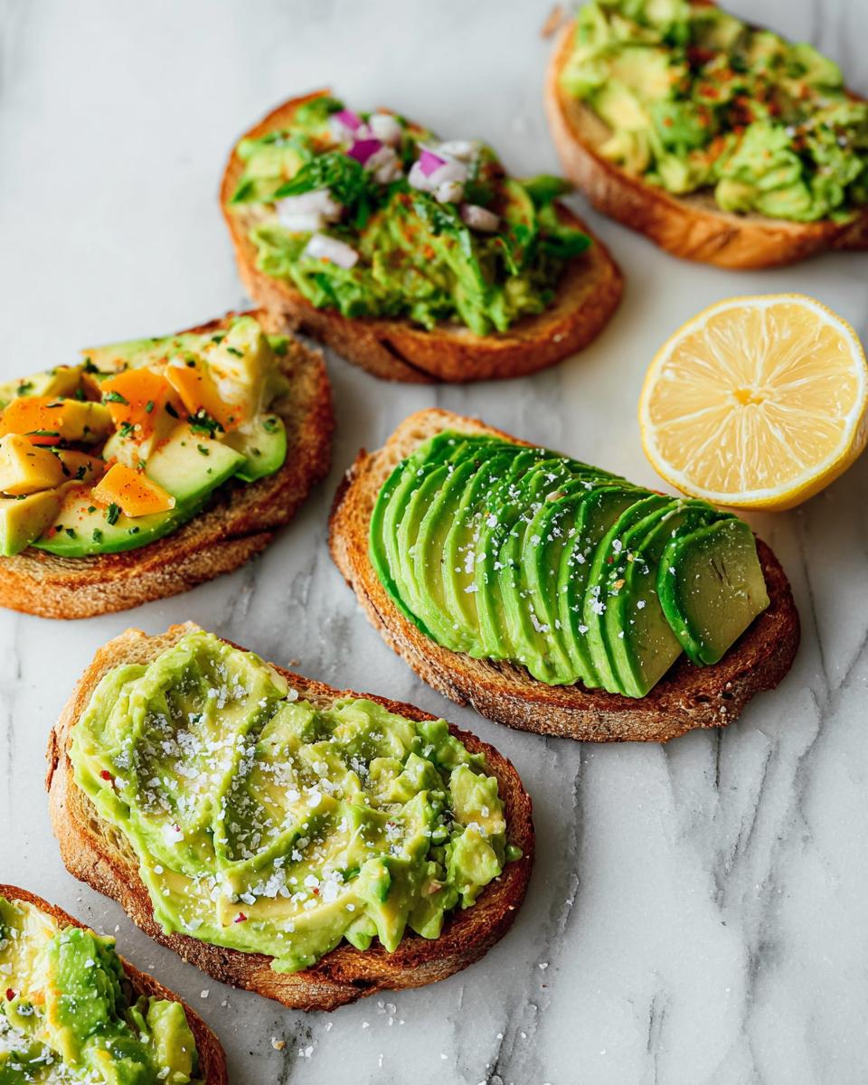 A variety of avocado toast toppings on toasted bread, including sliced avocado, mashed avocado, and red onion.