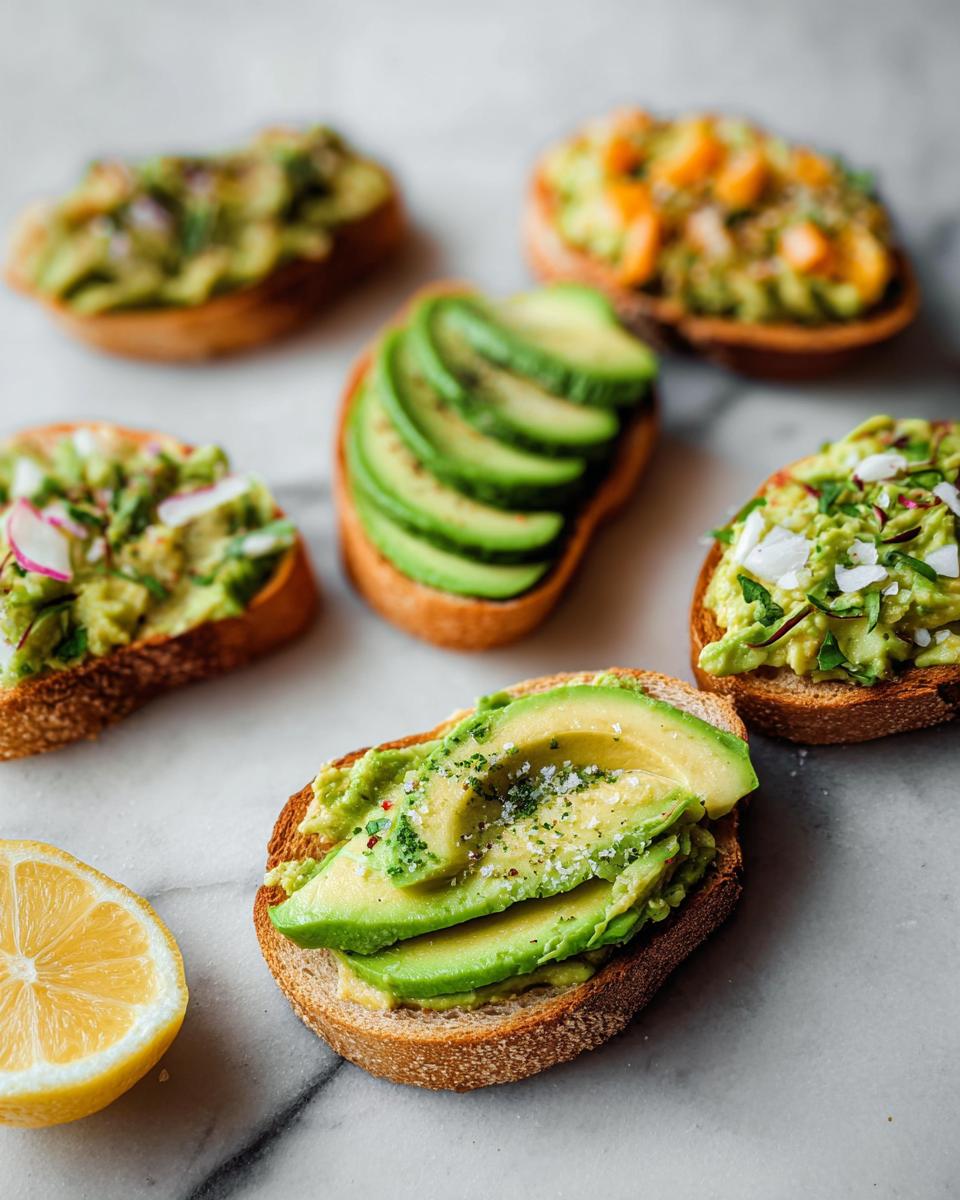 A variety of delicious avocado toast toppings on toasted bread, including sliced avocado, mashed avocado with radish, and avocado with herbs.