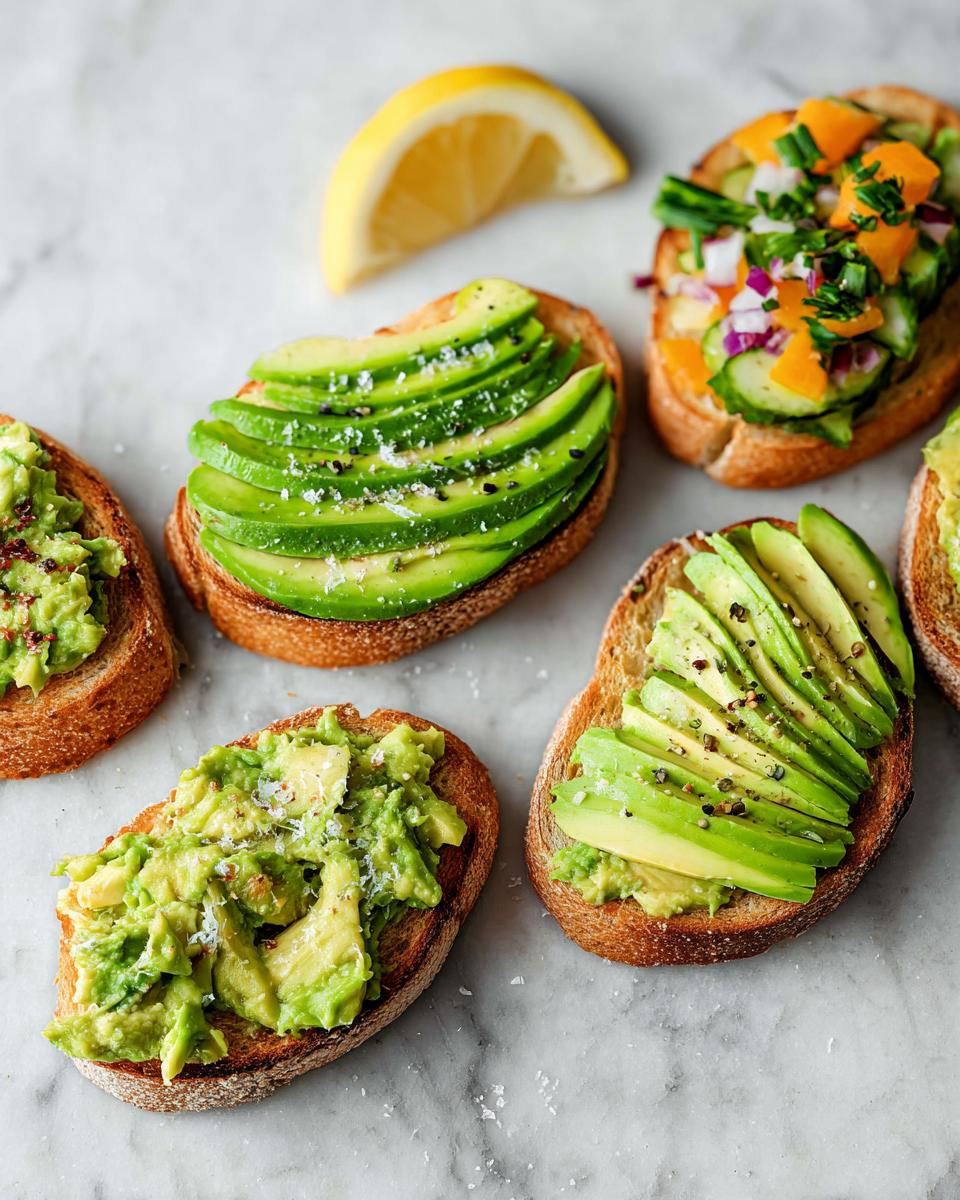 Assortment of avocado toast slices on a marble surface, featuring sliced avocado and mashed avocado.