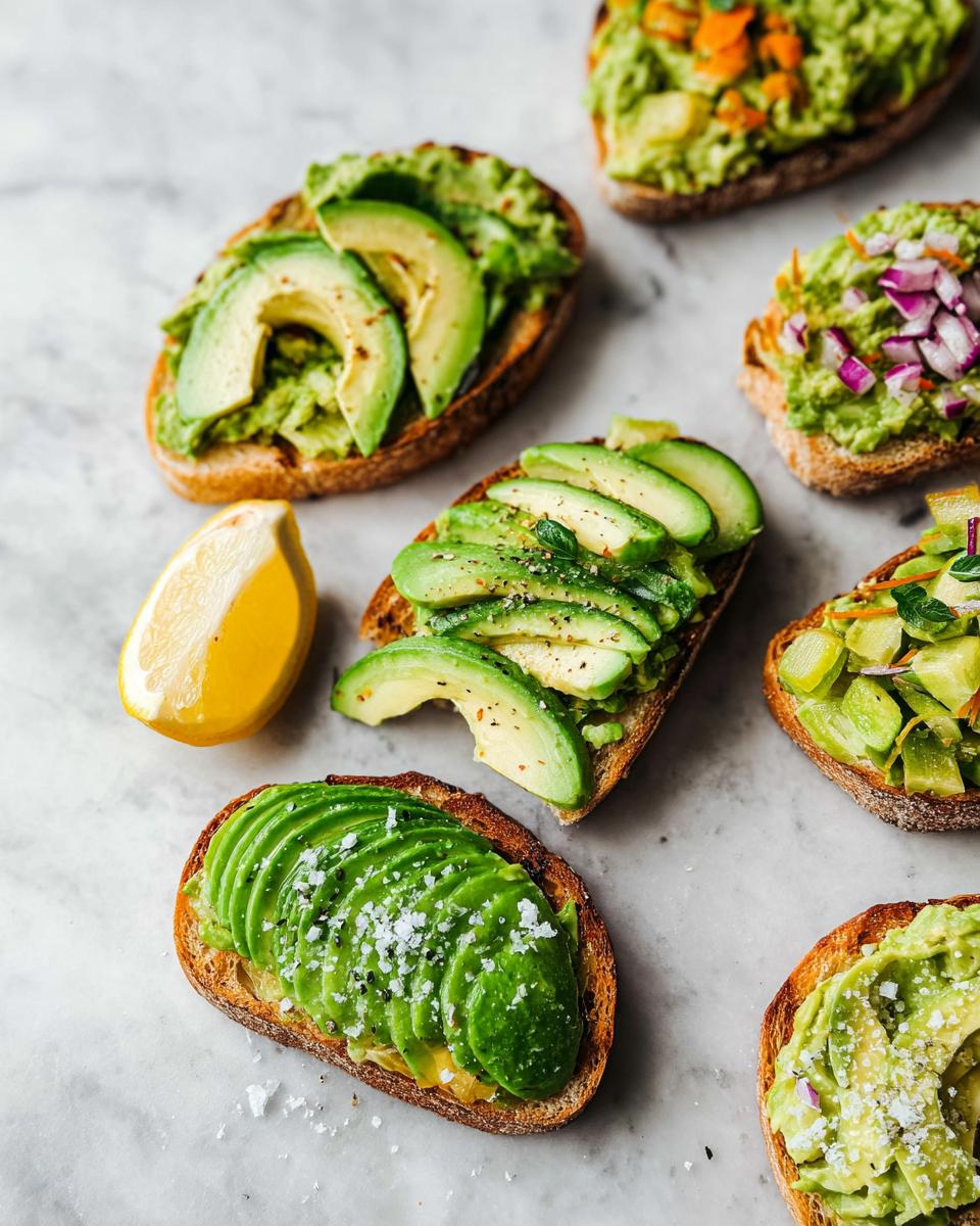 A variety of delicious avocado toast options, including sliced avocado, mashed avocado, and topped with red onion and herbs.
