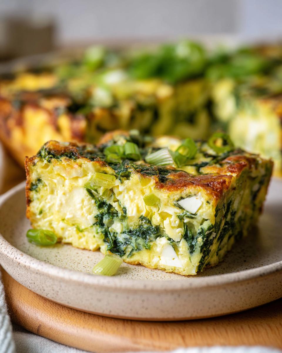 A slice of baked cottage cheese eggs with spinach and green onions on a plate.