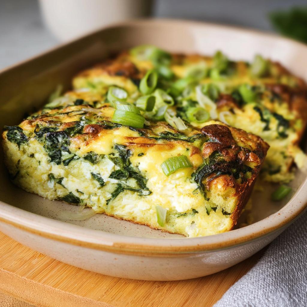 A slice of baked cottage cheese eggs with spinach and green onions, a protein-rich breakfast.