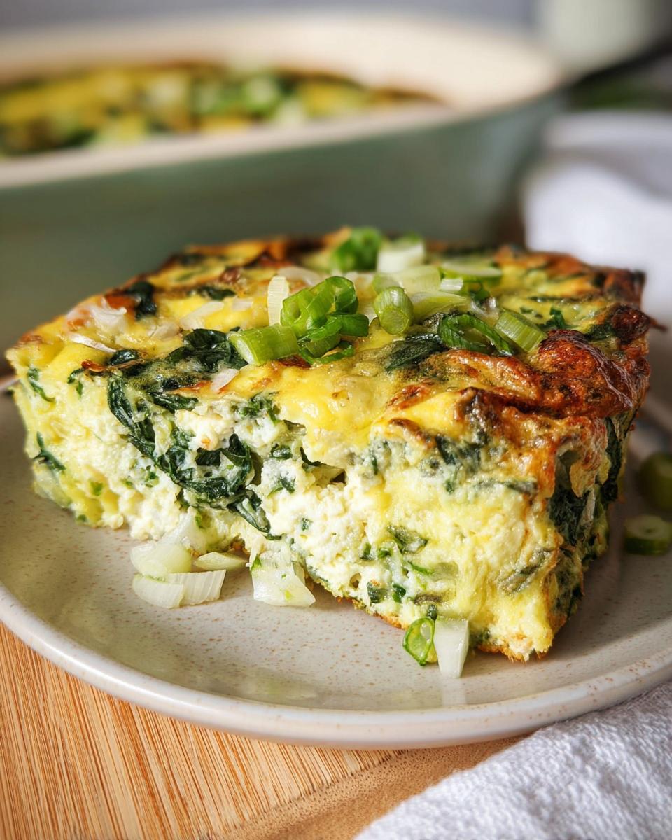 A slice of baked cottage cheese eggs with spinach and green onions on a plate.
