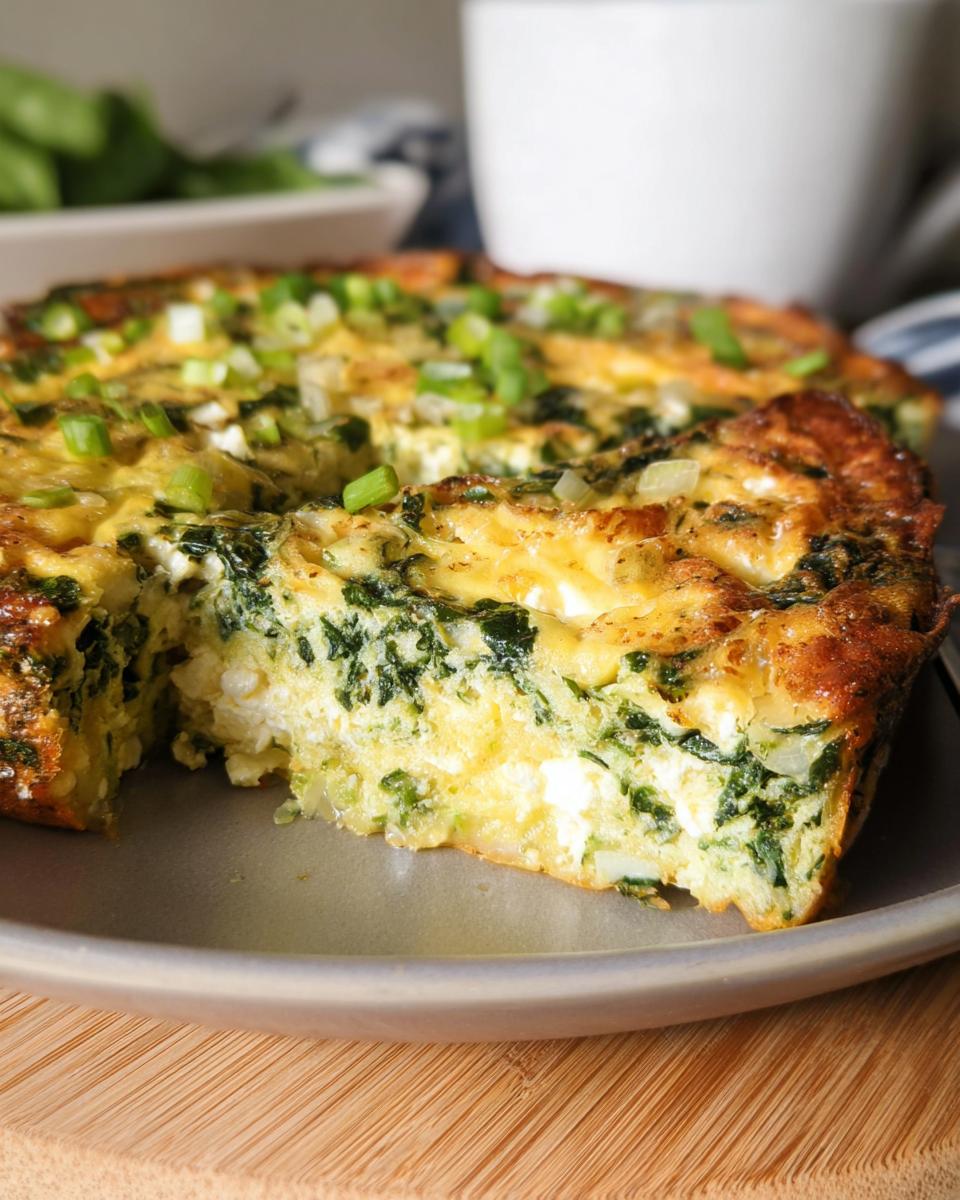 A slice of baked cottage cheese eggs with spinach and green onions on a plate, ready to eat.