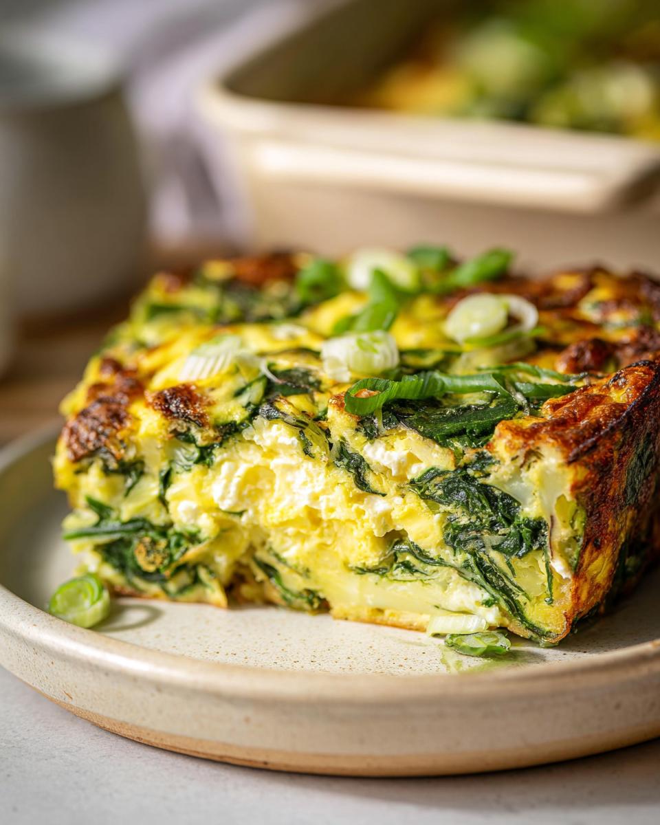 A slice of baked cottage cheese eggs with spinach and green onions on a plate.