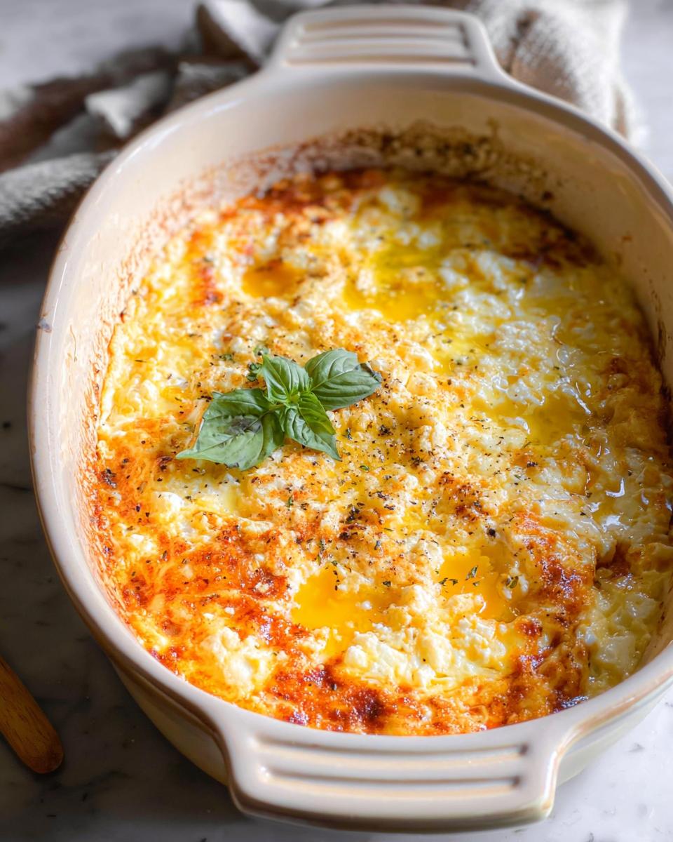 Close-up of golden baked feta eggs in a casserole dish, topped with fresh basil and black pepper.