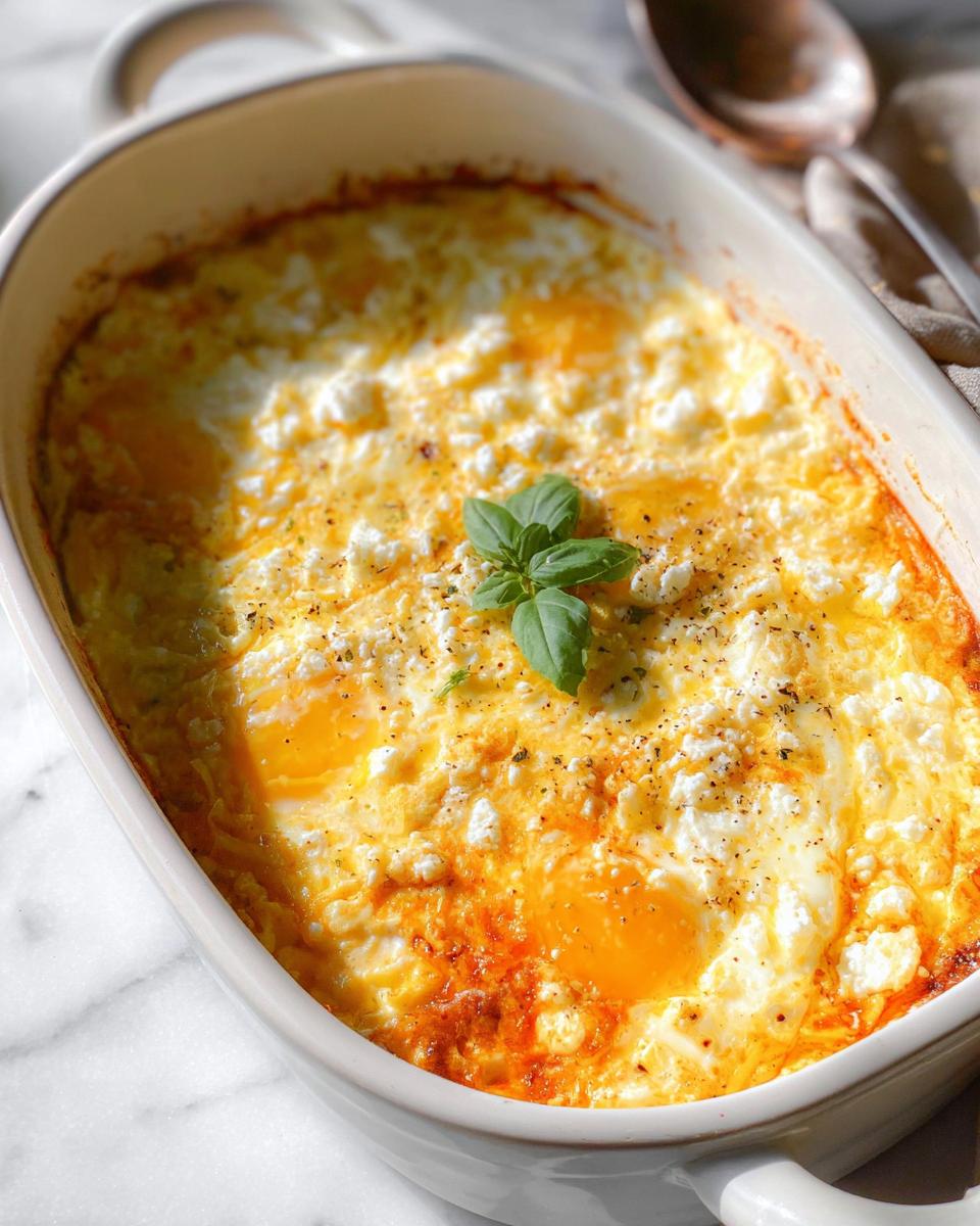 Close-up of baked feta eggs in a white baking dish, topped with feta cheese and fresh basil.