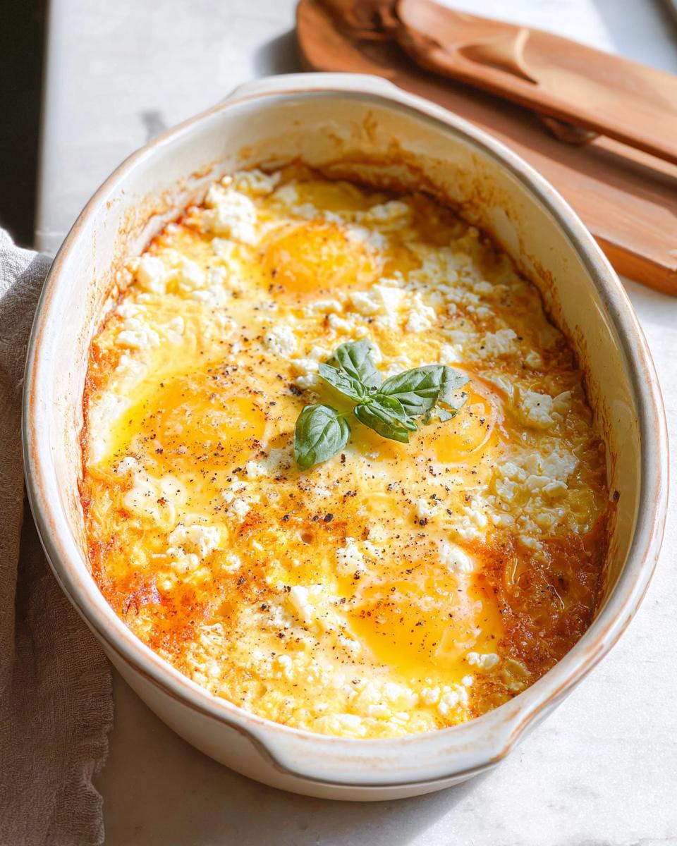 Close-up of baked feta eggs in a white ceramic dish, topped with fresh basil and cracked black pepper.