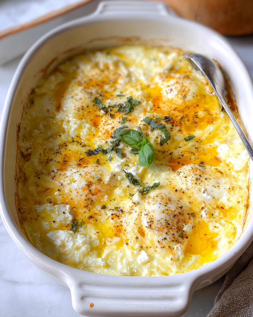 Close-up of Baked Feta Eggs in a white baking dish, topped with herbs and spices.