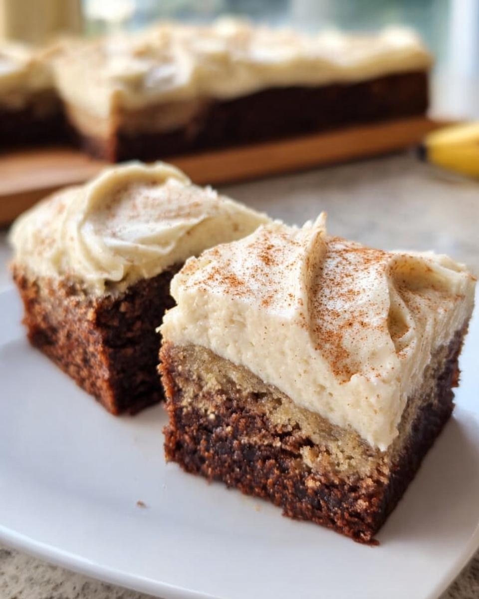 Two slices of Banana Bread Brownies Made Easy topped with creamy frosting and a sprinkle of cinnamon.
