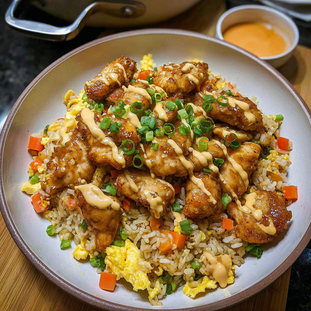 A bowl of Bang Bang Fried Rice topped with crispy chicken pieces, drizzled with sauce and garnished with green onions.