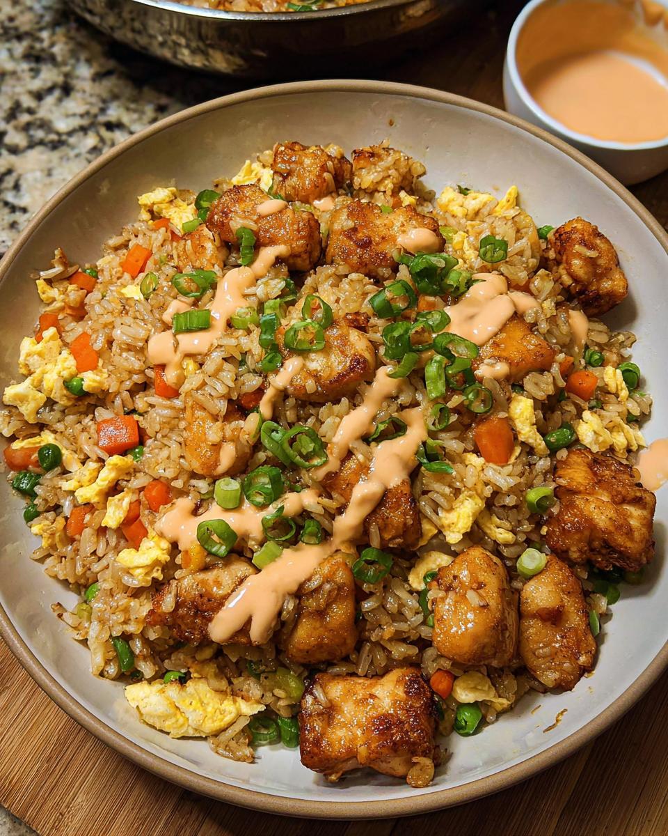 A bowl of Bang Bang Fried Rice topped with crispy chicken pieces, scrambled eggs, peas, carrots, and green onions, drizzled with sauce.