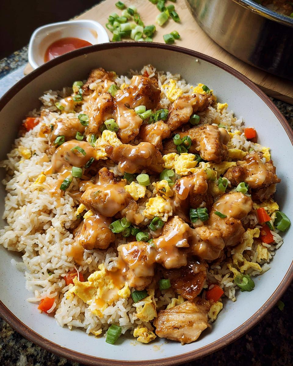 A bowl of Bang Bang Fried Rice topped with crispy chicken, scrambled eggs, and green onions.