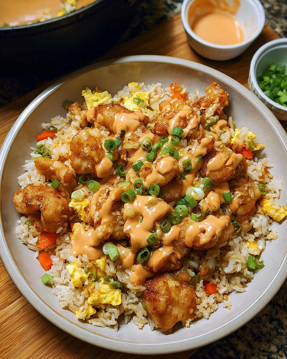 A bowl of Bang Bang Fried Rice topped with crispy shrimp and a drizzle of spicy sauce, garnished with green onions.