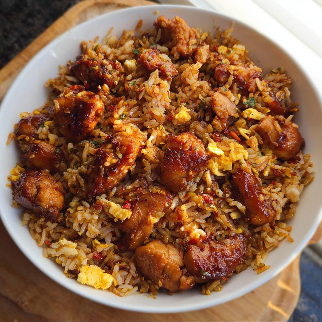 A close-up of a white bowl filled with delicious BBQ Chicken and Rice, featuring tender chicken pieces and fluffy rice.