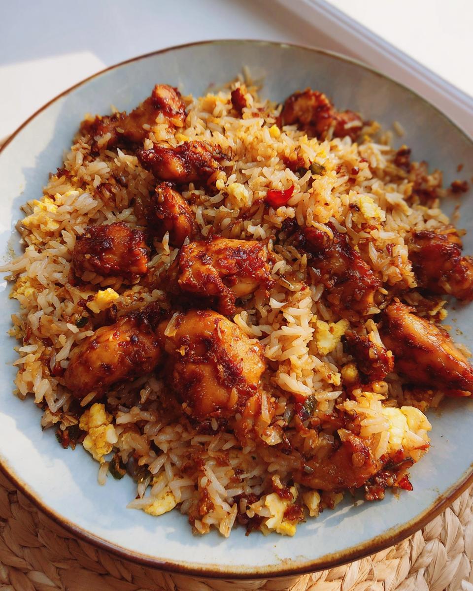 A close-up of a bowl of BBQ Chicken and Rice, featuring tender chicken pieces coated in BBQ sauce mixed with fluffy rice and scrambled egg.