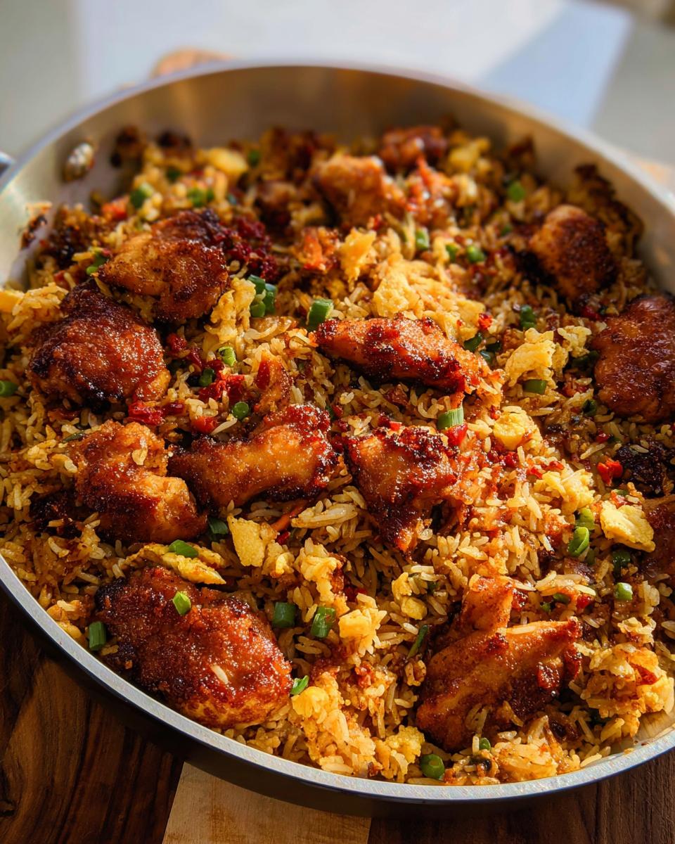 A close-up view of a skillet filled with flavorful BBQ Chicken and Rice, garnished with green onions.