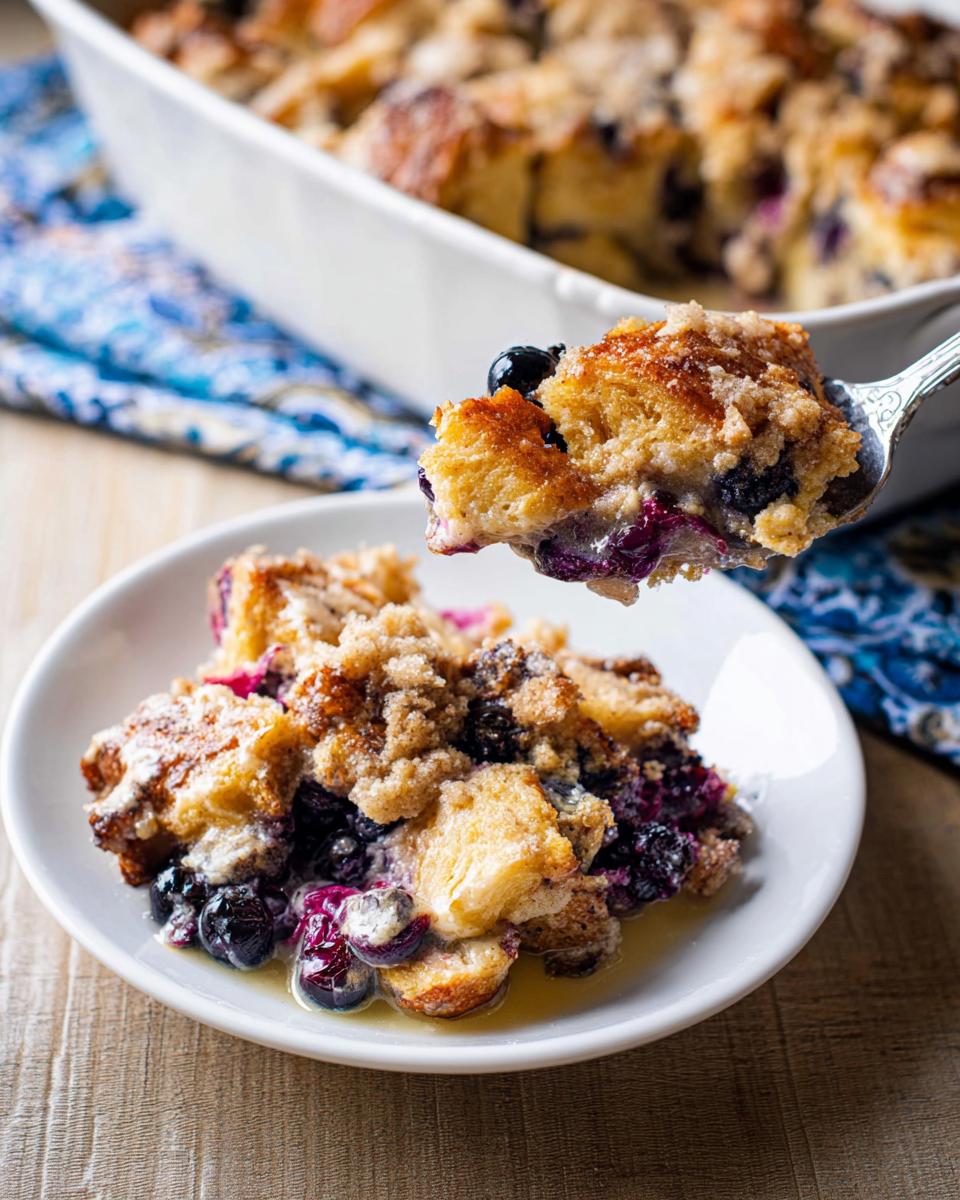 A spoonful of the Best Blueberry French Toast Casserole, showing golden bread cubes, bursting blueberries, and a sweet syrup.