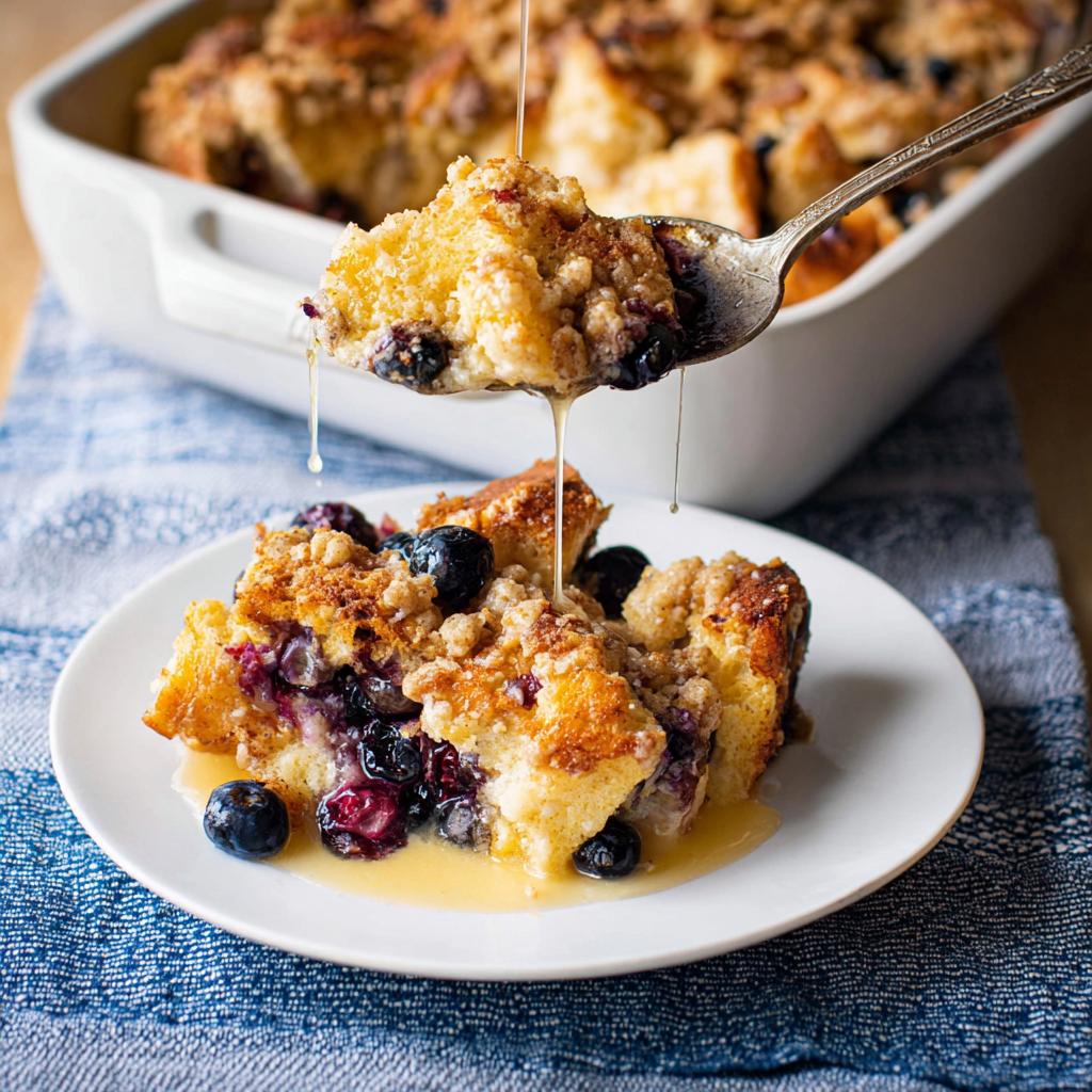 A delicious slice of Best Blueberry French Toast Casserole being drizzled with syrup on a white plate.