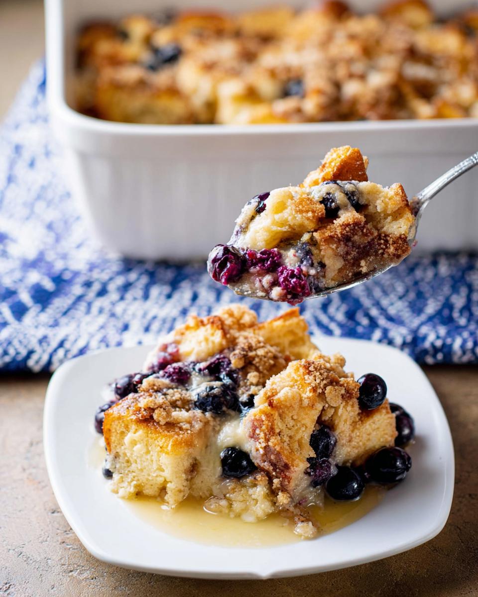 A spoonful of Best Blueberry French Toast Casserole being lifted from a serving on a plate, showing blueberries and crumble topping.