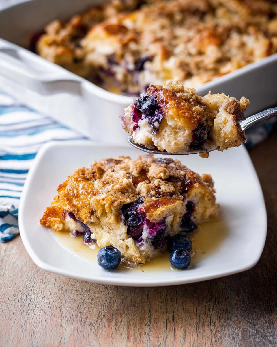 A delicious slice of Best Blueberry French Toast Casserole on a white plate, topped with syrup and fresh blueberries.