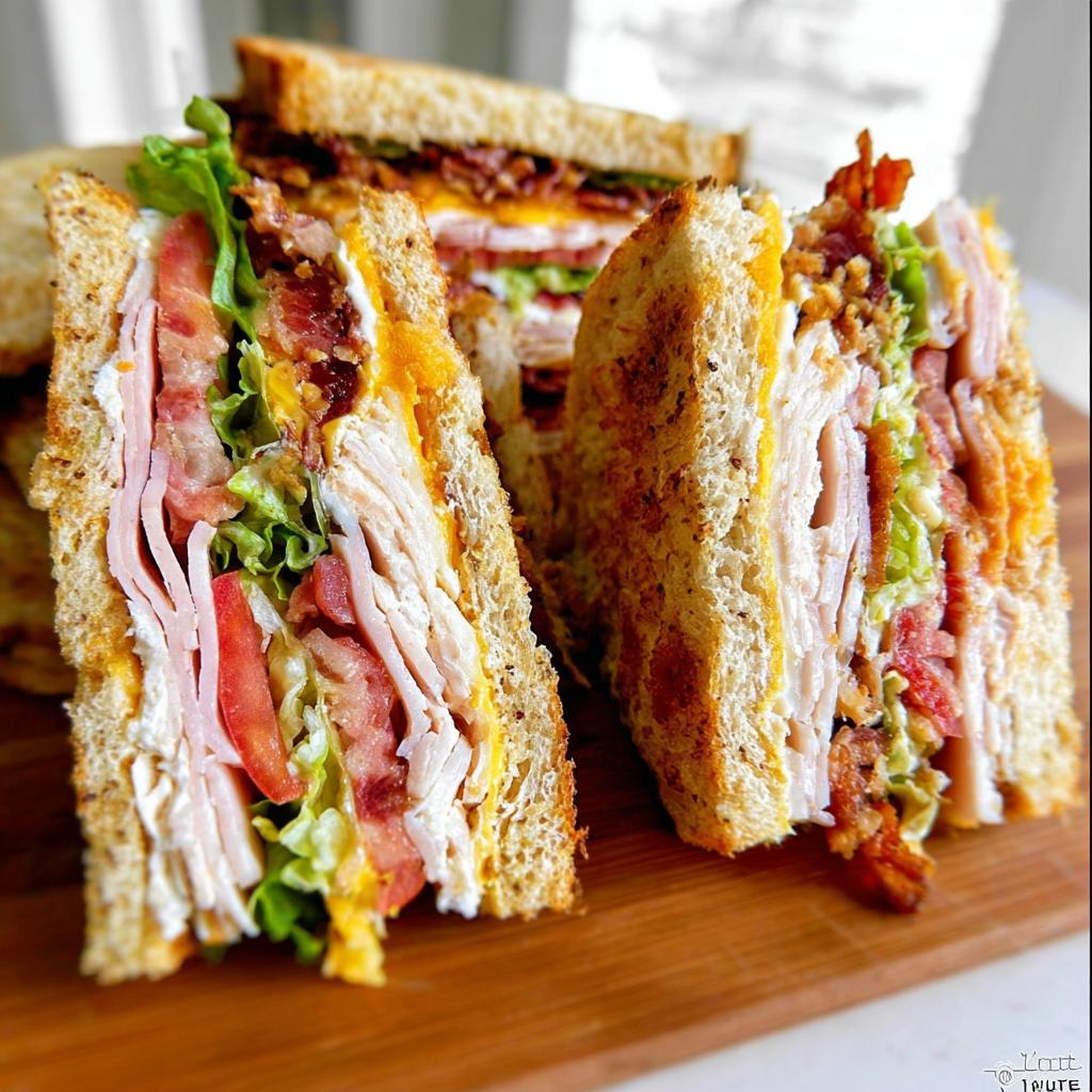 Close-up of a stacked Breakfast Club Sandwich, showing layers of turkey, bacon, lettuce, tomato, and cheese on toasted bread.