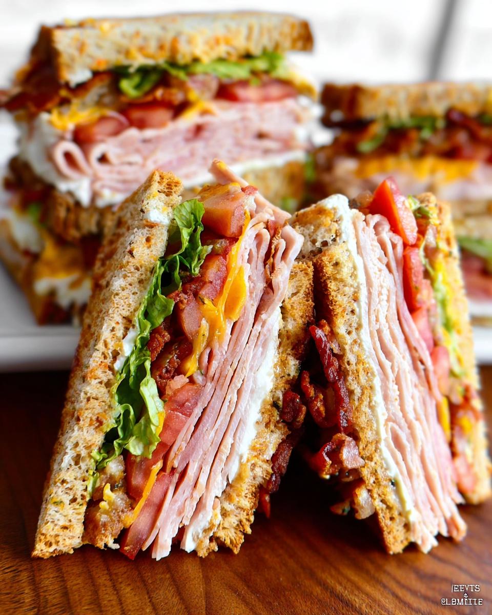 Close-up of a stacked Breakfast Club Sandwich cut in half, showing layers of turkey, ham, bacon, lettuce, tomato, and cheese.