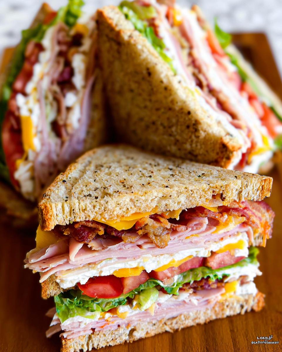 Close-up of a stacked Breakfast Club Sandwich with layers of ham, bacon, cheese, lettuce, and tomato on toasted bread.