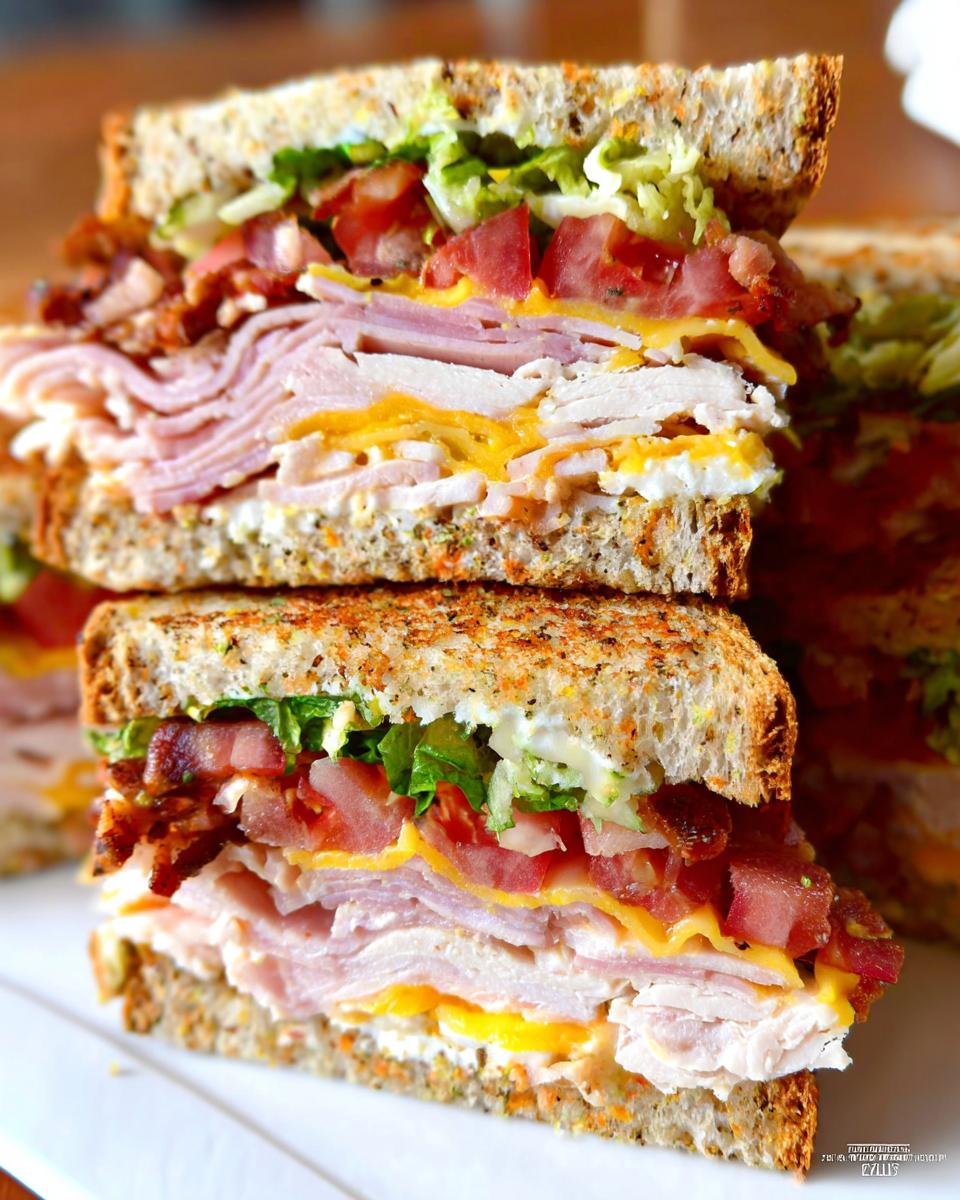 A tall, stacked Breakfast Club Sandwich with layers of turkey, ham, bacon, cheese, lettuce, and tomato on toasted bread.
