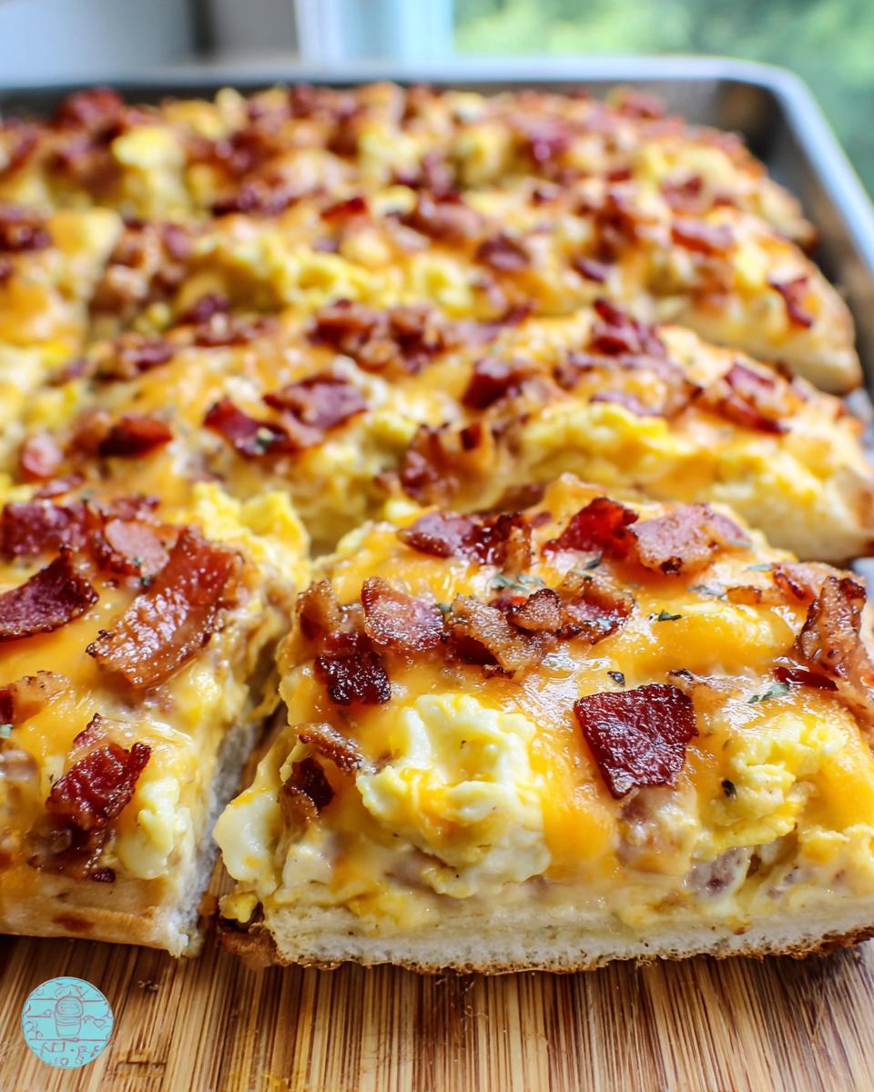 Close-up of a slice of breakfast pizza with scrambled eggs, melted cheese, and crispy bacon.