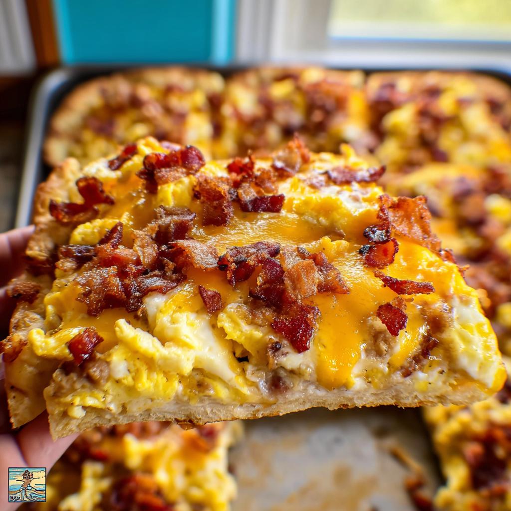 A slice of breakfast pizza egg recipe topped with scrambled eggs, melted cheese, and crispy bacon.