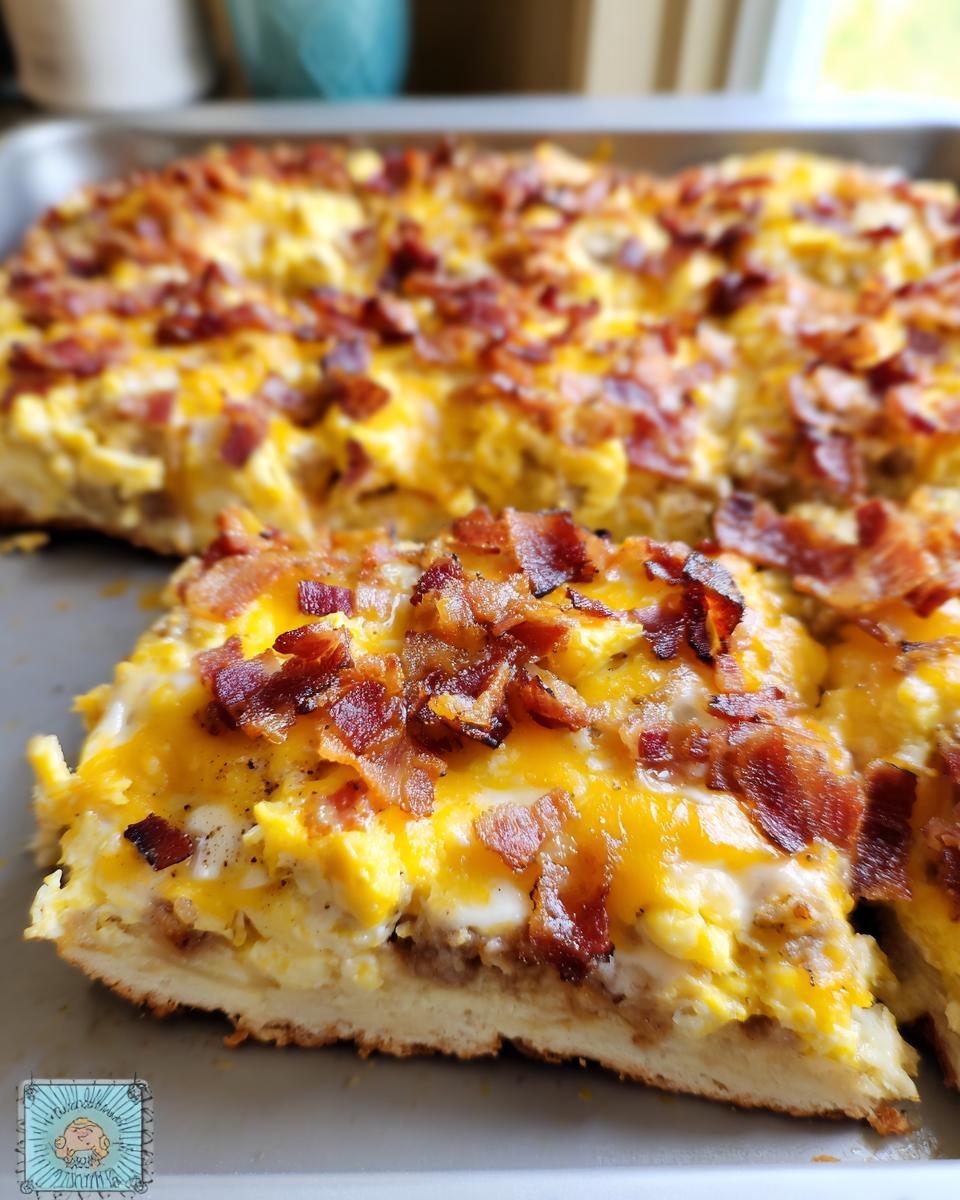 A slice of breakfast pizza with scrambled eggs, melted cheese, and crispy bacon on a baked crust.