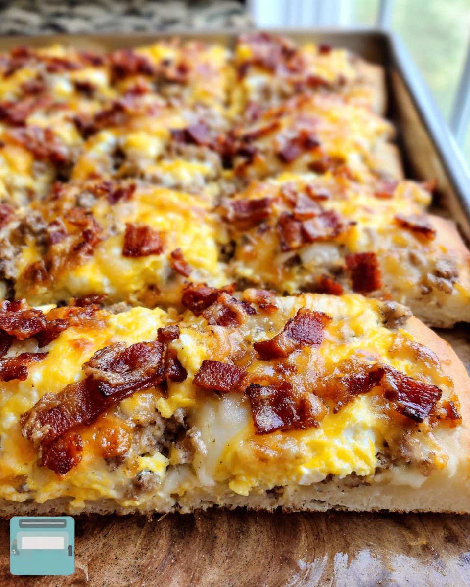 Close-up of a slice of breakfast pizza with scrambled eggs, melted cheese, and crispy bacon.