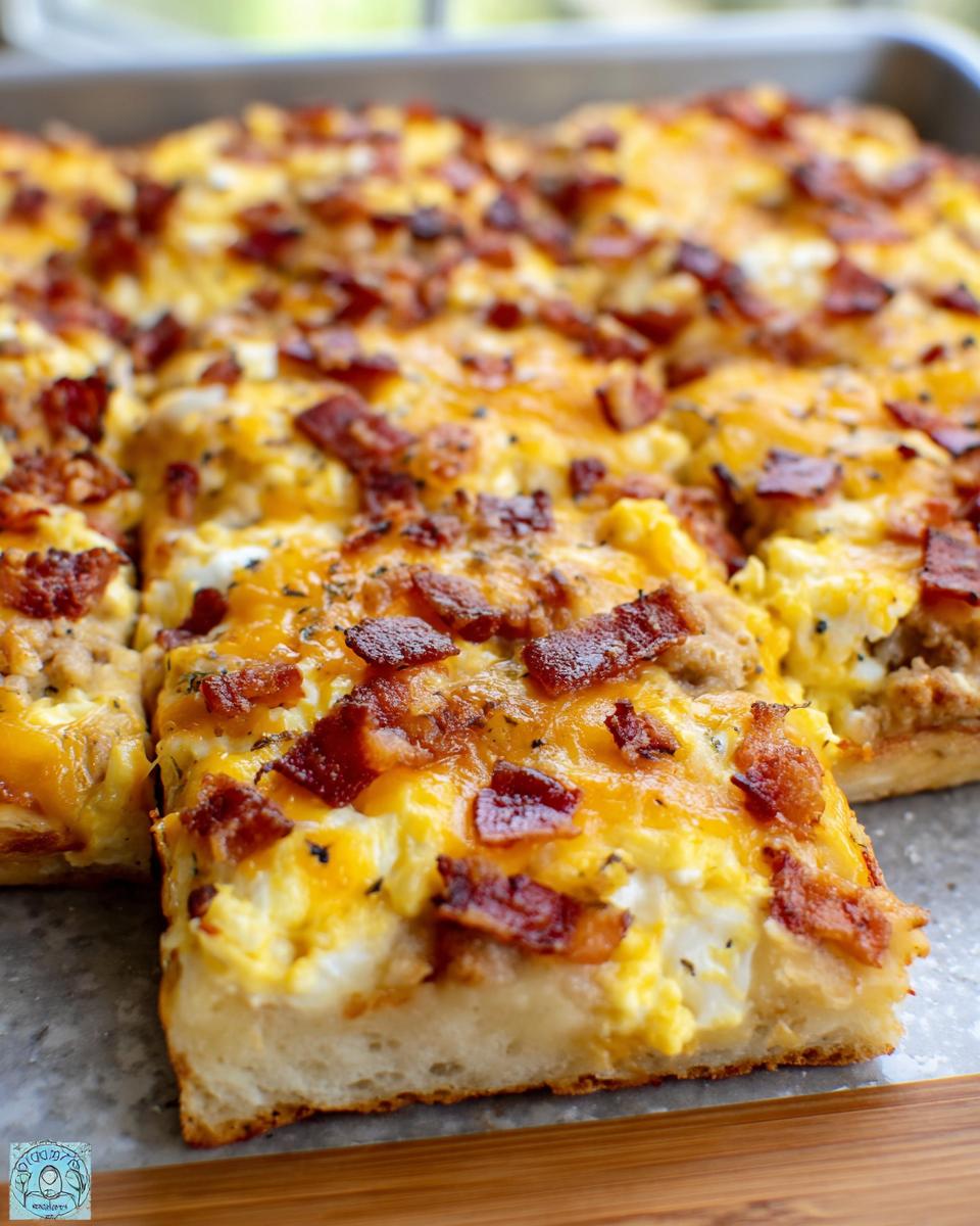 A close-up of a slice of breakfast pizza egg recipe, topped with scrambled eggs, cheese, and crispy bacon.