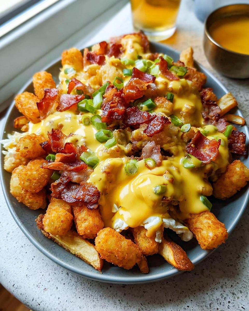 A hearty plate of Breakfast Poutine with crispy tater tots, french fries, scrambled eggs, bacon, and rich Hollandaise Sauce.